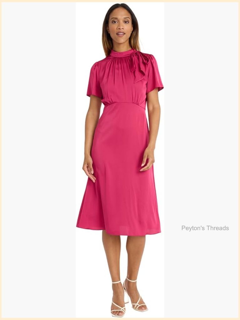 Bow Neck Midi Dress With Short Sleeves And Zipper Back